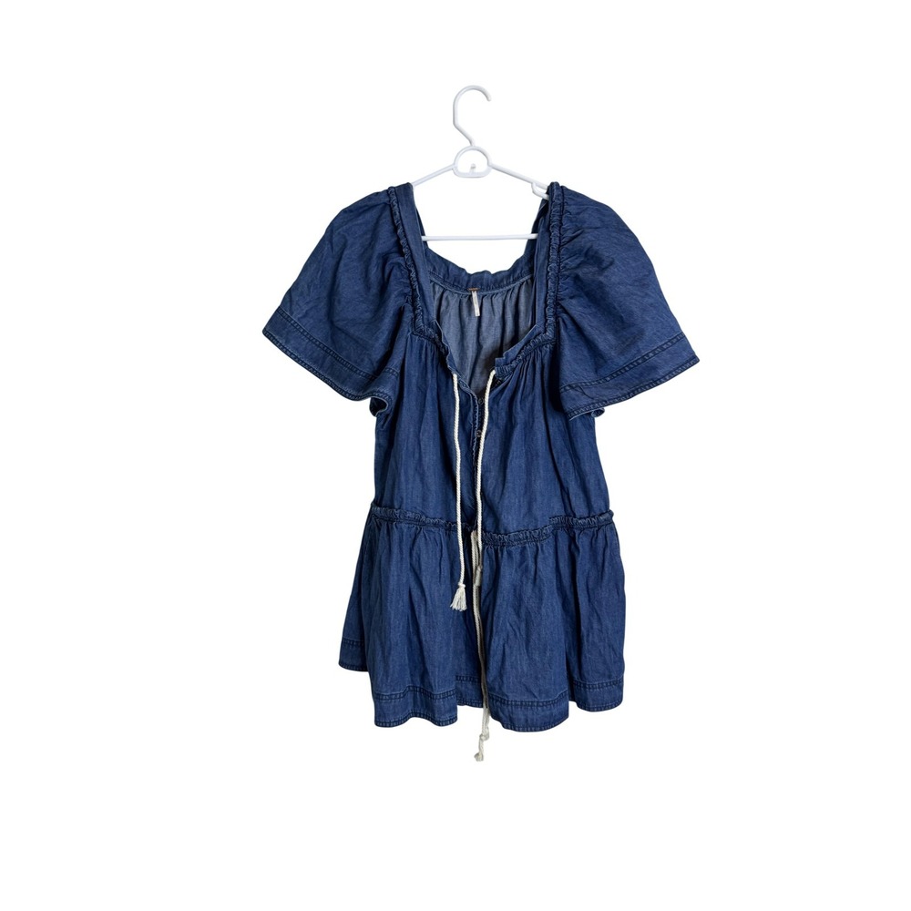 Free People Dress Womens Small Blue‎ Chambray Square Neck Tassel Boho Mini